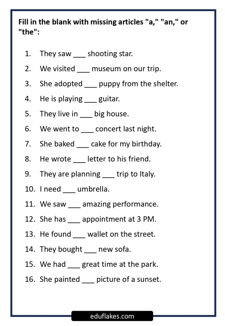 A An The Articles Worksheets - Eduflakes